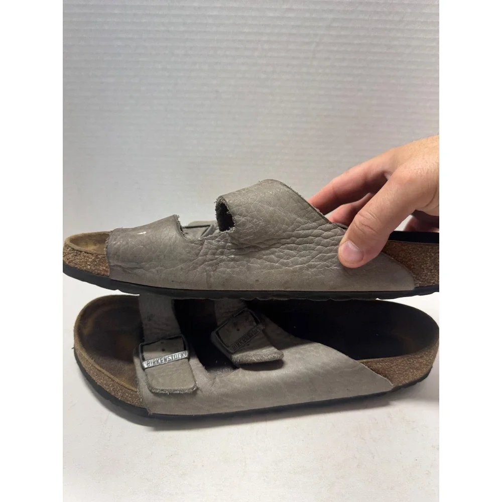 Birkenstock Arizona Grey Leather Two Strap Buckle Slide Sandals Mens 43 10